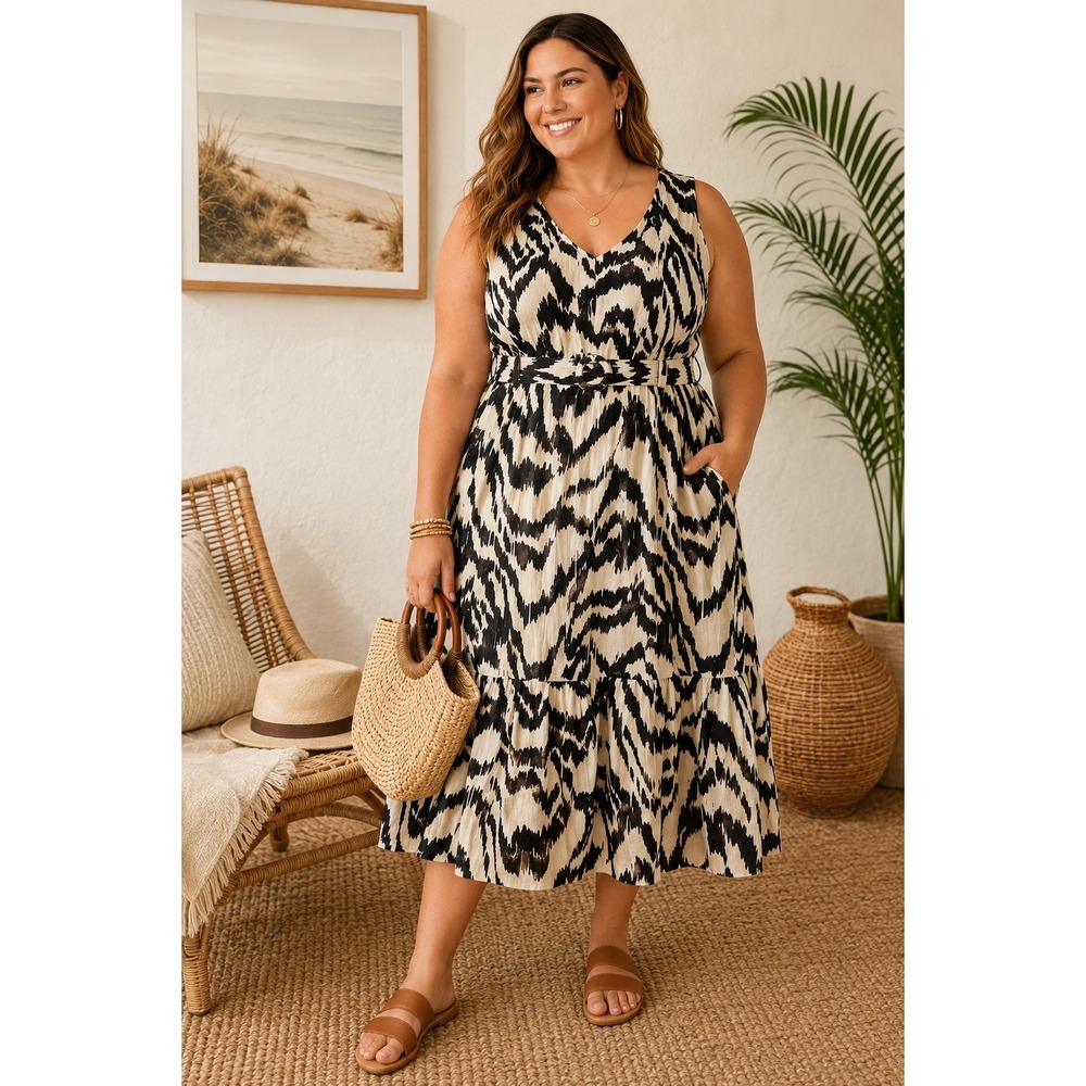 Wms Boho Ikat Zebra Linen Blend Midi Dress L Dark Brown White Coastal Safari